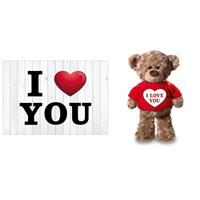Bellatio I Love You Valentijnskaart met knuffelbeer in rood shirtje 24 cm