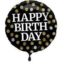 Folie ballon Gefeliciteerd/ Happy Birthday zwart met stippen 45 cm met helium gevuld Multi