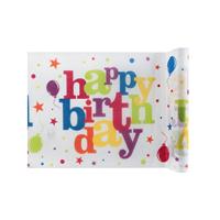 1x Witte happy Birthday/verjaardags thema tafellopers op rol 500 cm - Feesttafelzeilen