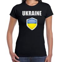 Bellatio Oekraine landen supporter t-shirt met Oekraiense vlag schild zwart dames - Feestshirts