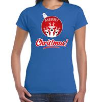Bellatio Rendier Kerstbal shirt / Kerst t-shirt Merry Christmas blauw voor dames
