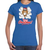 Bellatio Fout Kerst t-shirt / outfit met hamsterende kat Merry Christmas blauw voor dames