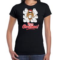 Bellatio Fout Kerst t-shirt / outfit met hamsterende kat Merry Christmas zwart voor dames