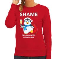 Bellatio Pinguin Kerstsweater / outfit Shame penguins with champagne rood voor dames