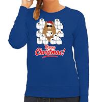 Bellatio Foute Kerstsweater / outfit met hamsterende kat Merry Christmas blauw voor dames