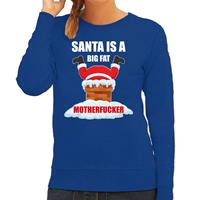 Bellatio Fout Kerstsweater / outfit Santa is a big fat motherfucker blauw voor dames