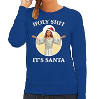 Bellatio Holy shit its Santa fout Kerstsweater / outfit blauw voor dames
