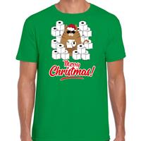 Bellatio Fout Kerst t-shirt / outfit met hamsterende kat Merry Christmas groen voor heren
