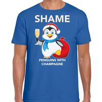 Bellatio Pinguin Kerst t-shirt / outfit Shame penguins with champagne blauw voor heren