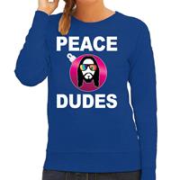 Bellatio Hippie jezus Kerstbal sweater / Kerst outfit peace dudes blauw voor dames