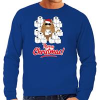 Bellatio Foute Kerstsweater / outfit met hamsterende kat Merry Christmas blauw voor heren