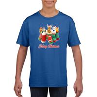 Bellatio Kerst t-shirt Merry Christmas dieren kerstsokken blauw kids (104-110) -