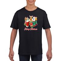 Bellatio Kerst t-shirt Merry Christmas dieren kerstsokken zwart kids (104-110) -