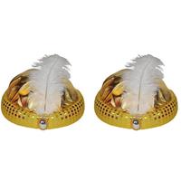 2x stuks goud Arabisch Sultan verkleed hoedje met diamant en veer -