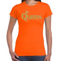 Bellatio Koningsdag Queen t-shirt oranje met gouden letters en kroon dames -
