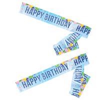 2x stuks verjaardag afzetlint/slingers blauw Happy Birthday 10 meter -