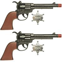 Set van 2x stuks cowboy speelgoed verkleed pistolen zwart met sheriff ster 24 cm -