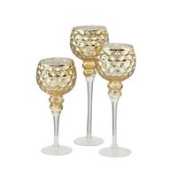 Deco by Boltze Luxe glazen design kaarsenhouders/windlichten set van 3x stuks champagne/goud transparant 30-40 cm -