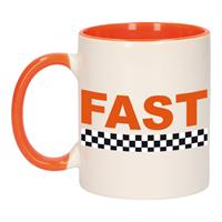 Bellatio Fast met finish vlag mok / beker oranje wit 300 ml -