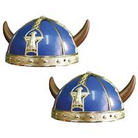2x stuks gallier/Vikingen verkleed helm blauw met hoorns -
