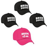 Bellatio Vrijgezellenfeest dames petjes pakket - 1x Bride to Be roze + 5x Bride Squad zwart -