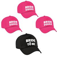 Bellatio Vrijgezellenfeest dames petjes pakket - 1x Bride to Be zwart + 5x Bride Squad roze -