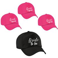 Bellatio Vrijgezellenfeest dames petjes pakket sierlijk - 1x Bride to Be zwart + 5x Bride Squad roze -