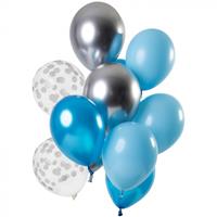 Folat ballonnen Aquamarine 30 cm latex blauw/zilver 12 stuks