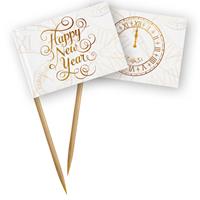 Folat Prikkers Happy New Year 13 Cm Bamboe Wit/goud 50 Stuks
