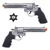 Funny Fashion 2x stuks verkleed speelgoed revolver/pistool met Sheriff ster kunststof -