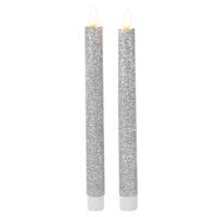 Bellatio Kaarsen set van 2x stuks Led dinerkaarsen glitter zilver 25,5 cm -