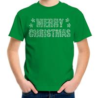 Bellatio Glitter kerst t-shirt groen Merry Christmas glitter steentjes voor kinderen