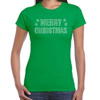 Bellatio Glitter kerst t-shirt groen Merry Christmas glitter steentjes voor dames