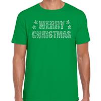 Bellatio Glitter kerst t-shirt groen Merry Christmas glitter steentjes voor heren