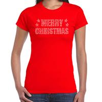 Bellatio Glitter kerst t-shirt rood Merry Christmas glitter steentjes voor dames