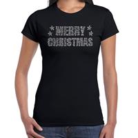 Bellatio Glitter kerst t-shirt zwart Merry Christmas glitter steentjes voor dames