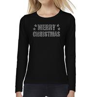 Bellatio Glitter kerst longsleeve shirt zwart Merry Christmas glitter steentjes voor dames