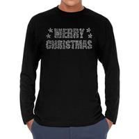 Bellatio Glitter kerst longsleeve shirt zwart Merry Christmas glitter steentjes voor heren