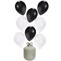 Bellatio 30x Helium ballonnen zwart/wit 27 cm + helium tank/cilinder -