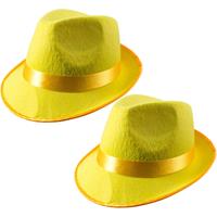 2x stuks trilby carnaval verkleed hoed neon geel -