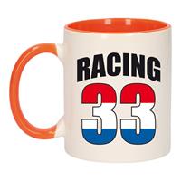 Bellatio Racing 33 vlag mok / beker oranje wit 300 ml - coureur supporter / race fan beker -