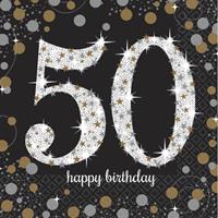 Amscan 32x stuks 50 jaar verjaardag feest servetten zwart met confetti print 33 x 33 cm -