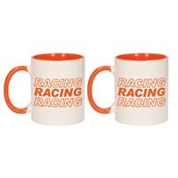 Bellatio 4x stuks racing racing racing vlag mok / beker oranje wit 300 ml -