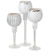 Deco by Boltze Luxe glazen design kaarsenhouders/windlichten set van 3x stuks zilver/wit transparant 30-40 cm -