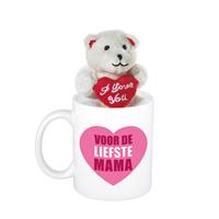 Bellatio Moederdag cadeau hartje voor de liefste mama beker / mok 300 ml met beige knuffelbeertje met love ha -