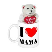 Bellatio Moederdag cadeau I Love Mama beker / mok 300 ml met beige knuffelbeertje met love hartje -