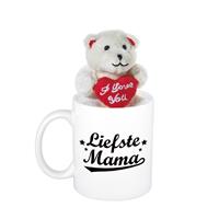 Bellatio Moederdag cadeau Liefste mama beker / mok 300 ml met beige knuffelbeertje met love hartje -