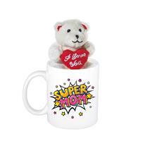 Bellatio Moederdag cadeau Super mom pop art beker / mok 300 ml met beige knuffelbeertje met love hartje -