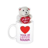 Bellatio Moederdag cadeau Voor de liefste mama + hartje beker / mok 300 ml met beige knuffelbeertje met love -
