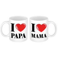 Bellatio I love Mama en Papa mok - Cadeau beker set voor Papa en Mama -